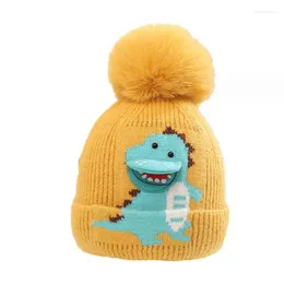 Berets Doit Winter Hat For Kids Girl Beanies Cute Dinosaur Fur Ball Child Knit Acrylic Beanie Hats Warm Baby Boys Earflap Caps