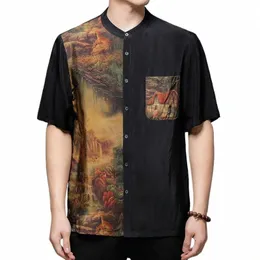 Атласная роскошная мужская рубашка в китайском стиле с коротким рукавом и принтом, летняя качественная мягкая удобная винтажная повседневная рубашка Camisa Masculina 53S6 #