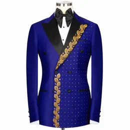 Royal Groom Wedding Suits Formal Tuxedos Gold Applicques Beading Blazer Pants 2 Pieces Mane Fi Prom Party Evening Clothing 15r8#