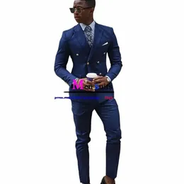 Mens Slim Fit Suits Casual Dark Blue 2 Piece Set African Groom Tuxedo Formal Busin Blazer Men Jacket+Pants Costume Homme H2PF#