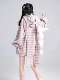 Houzhou Y2K Harajuku Kawaii Knitted Cardigan Japanese Fashionかわいい甘いストライプRabbit耳緩んでジッパーコートソフトガール2023トップ240311