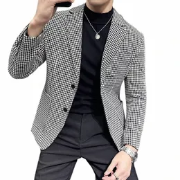 Wysokiej jakości Houndstooth Blazers Męskie Zimowe Zimowe Busin Busin Dr kombinezonów Social Wedding Streetwear Men Odzież 960F#