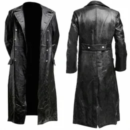 Herren DEUTSCHER KLASSISCHER WW2 MILITÄR UNIFORM OFFIZIER SCHWARZ ECHTLEDER TRENCHCOAT F7lZ#