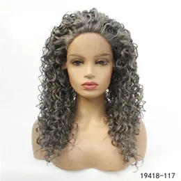 Афро-кудрявый синтетический парик на кружеве, темно-серый, имитация человеческих волос, парики спереди, 1426 дюймов, Pelucas для женщин 194181178370854