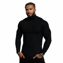 padre Ss classico nero a costine maglia maglione dolcevita pullover nuovi uomini manica lunga t-shirt sportiva fitn camicia inferiore casual v9MB #