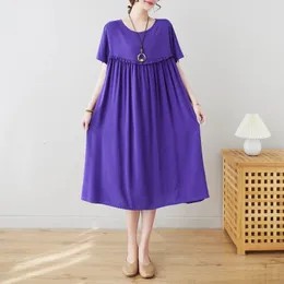 도착 여름 한국 스타일 여성 느슨한 캐주얼 알린 주름 패치 워크 짧은 슬리브 oneck Midcalf Cotton Dress V909 240327