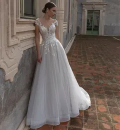 Elegant Long Sheat Neck Tulle Wedding Dresses Cap Sleeve A-Line Ivory Lace Sweep Train Garden Bridal Gown Zipper Back Vestido de novia Women Dresses