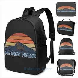 Sırt çantası grafik baskı arkadaşım doberman köpek gün batımı dağı grainy usb ücret erkekler okul seyahat dizüstü bilgisayar çantası