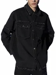 Джинсовая куртка высокого качества с металлическими заклепками в стиле панк для мужчин и женщин, весна-осень, короткие повседневные рубашки с короткими лацканами, пальто p5Kh #