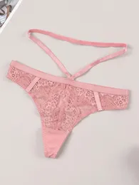 Women's Panties CYHWR Women Low Waisted Pink Thong V-string Sexy Lace Band Decoration Breathable Panty For Ladies