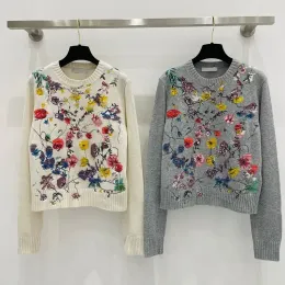 Kashmir broderad blommig crewneck nya stilar tröja kvinnors blommor tröja stickad pullover för hösten/vintern 2023