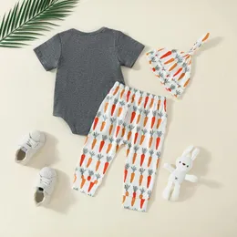 Комплекты одежды для маленьких мальчиков, пасхальный наряд, комбинезон с короткими рукавами и буквенным принтом, штаны-морковки с эластичной резинкой на талии, шляпа, летняя одежда для младенцев