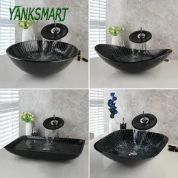 Bathroom Sink Faucets YANKSMART Tempered Square Glass Washbasin Vessel Stripe White & Black Waterfall Faucet Set With -up Drain Kit