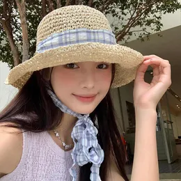 Wide Brim Hats Japanese Small Fresh Blue Plaid Woven Ribbon Straw Hat Women's Summer Travel Big Sun Protection Sunshade Beach Cap