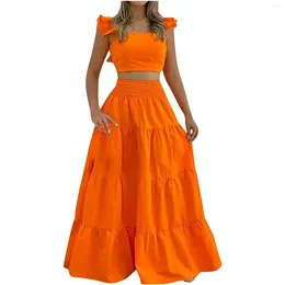 Arbeitskleider Damen 2-teiliges Outfit ärmelloses Rüschen-Spaghettiträger-Crop-Top-Kleid-Set für lässige Haushaltskleidung