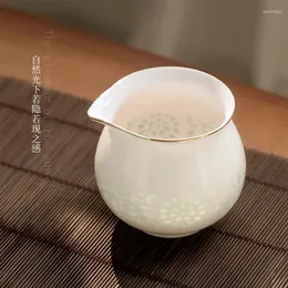 Teaware Sets Jingdezhen Hand Painted Golden Outline Ceramic Fair Cup Large Tea Serving Pot Hollow Rice-Pattern Decorated Porcelain