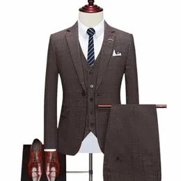 Terno Casaco Colete Calças 3 Pcs Set / 2023 Masculino Casual Boutique Busin Retro Estilo Britânico Xadrez Blazers Jaqueta Calças Colete N7Ak #