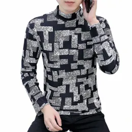 2023autumn and Winter Men 's Pullover Half High Neck Printed Slim Fit 독일 Veet 바닥 셔츠 FI 캐주얼 LG 슬리브 탑 32yq#