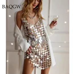 Women Fashion Sleeveless Sexy Backless Glitter Black Gold Chainmail Sequin Patchwork Mini Dresses Diana Silver Disc Dress 240321