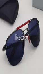 Rimless sunglasses driving glasses racing style metal and nylon fiber frame shield logo red yellow rubber temple hole detail desig5885044