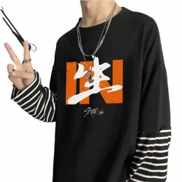 KPOP Stray Kids Singer LG Sleeve T Shirts Clothing Men Men Corean Popular Straykids الألبوم Logo Graphics Summer Y2K Strip Tirt L1XD#