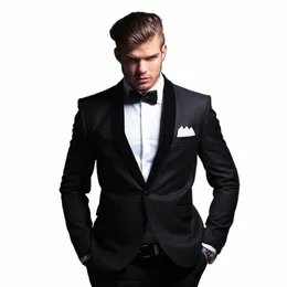 Svarta män passar Slim 2 Piece Fi Shawl Lapel Single Butt Smart Casual Wedding Groom Tuxedo Manlig kostym Blazer med byxor W8BX#