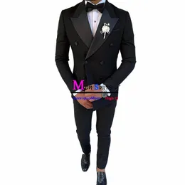 double Breasted Busin Man Suit Slim Fit Groom Wedding Tuxedos 2 Piece Formal Black Suits for Men Smoking Homme Blazer Sets r0uc#