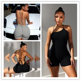 2024 Designer Sexig backless Rompers Women Summer Halter Jumpsuits Solid Bandage Playsuits One Piece Bodysuits Night Club bär grossistkläder 10853