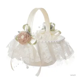 Cestas de armazenamento romântico flor menina cesta falso rosa branco rendas pequenas cestas para cerimônia de casamento festa decoração flor meninas cestas