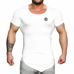 summer Cott Breathable Short Sleeve Fitn T-Shirt Gym Sport Workout Muscle Shirts Men's Slim Fit Fi Irregular Hem Tees j31w#
