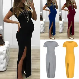 2023 Sommer Umstandskleider Solide Kurzarm Bodycorn Maxikleid Schwangere Frauen Seitenschlitz Babypartykleider Premama Kleidung 240318