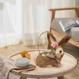 Storage Baskets Straw Rabbit Decoration Filled Eggs Basket Straw Easter Rabbit Decor Ornament Bunny Figurine for Indoor Outdoor Spring Decor