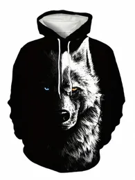 Wolf och Tiger 3D -tryckta mäns kreativa huva tröja för män höst och vinter rep rem hoodie med fickor 481J#