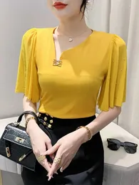 القمصان النسائية Winsleter Women Sexy Thin V رقاب صلبة من القمم النحيفة الصيفية الصيفية Tshirt Tshirt Shirt Shulk Sleeve Tees