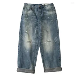 Jeans da uomo lavaggio ad acqua schizzi di vernice puntini effetto baffi foro rendono il vecchio tubo dritto giovane versatile alla moda