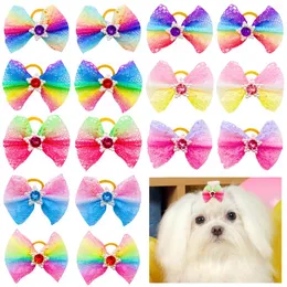 Dog Apparel 20pcs Ranbow Style Pet Hair Bows مع Diomand Pearl Colorful Tigorate Powknot Gift for Small Cat Supplies
