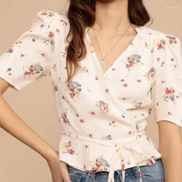 Camicette da donna Bordo in vita Break Top Stile Maniche corte Donna 24 Primavera/Estate Fiori frammentati Scollo a V Camicia avvolgente