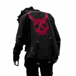 Harajuku Gothic Dem Hunter Skull Nero Giacca di jeans da uomo Rock Punk Heavy Metal Felpa Sudadera Bretelle Hole Streetwear p957 #
