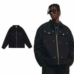 American Style High Street Metal Stud Denim Jacket Men's Brand Retro Hip-Hop Wed Loose Zipper Crock Jacket Men's J8BJ#