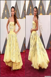 2016 88: e Oscar Celebrity Dresses Alicia Vikander Yellow Strapless High Low Taffeta With Beads Sequin A Line Red Carpet Gowns8450284