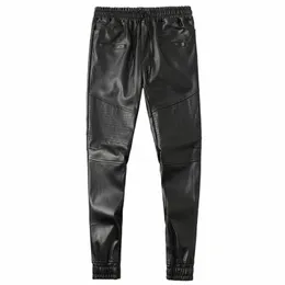 men's Leather Pants Superior Quality Elastic Waist Jogger Pants PU Leather Trousers Biker's Pants Waterproof h5mY#