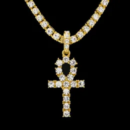 Ankh egiziano Chiave della vita Collane Uomo Iced out Bling cristallo Ciondolo croce Oro Argento Catena da tennis Per donna Rapper Hip Hop Je265K