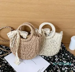 Borsa in paglia Borsa da donna intrecciata a forma di luna Fiocco in pizzo in rattan Borsa a tracolla da spiaggia casual con coulisse di grande capacità