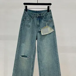 Lüks Tasarımcı Kadın Kot Mektubu Mavi Denim Jean Pants Delik Tasarımı Günlük Kadın Pantolon