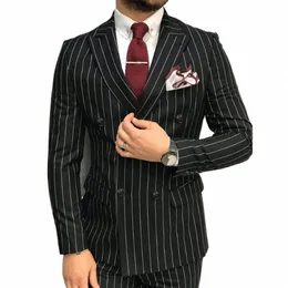 Resmi siyah erkek takım elbise çift göğüslü ince çizgili tepe yaka tasarımı 2 adet ceket pantolon set kostüm homme erkek giyim blazer h9ii#