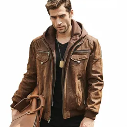 Flavour Neue Herren Echtlederjacke mit abnehmbarer Kapuze Braune Jacke Echtleder Warmer Mantel für Männer J7o1 #