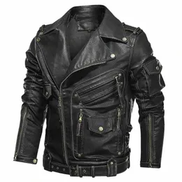 Zimowa skórzana kurtka PU Mężczyzna motocykl sztuczna skórzana kurtka męska jesienna fajne kieszenie na zamek błyskawiczne płaszcze odzieży B67F#