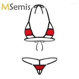 Mulheres Swimwear 2 Pcs Womens Bikini Swimsuit Lingerie Set Halter Neck Auto-tie Mini Micro Sutiã Top com G-String Briefs Roupa Interior