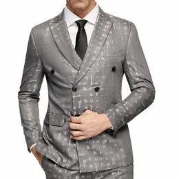 Abiti da uomo Jacquard grigi 2023 Casual doppio petto 6 mozziconi Abiti da sposo da sposa Giacca + pantaloni Abiti da cerimonia formale da ballo Q6OW #