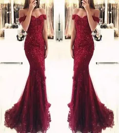 Fashion Bourgogne Prom Dresses 2022 Long Mermaid Sequin Beading Lace Appliques Off Axhing Evening Formal Gowns Pageant Dress2900812